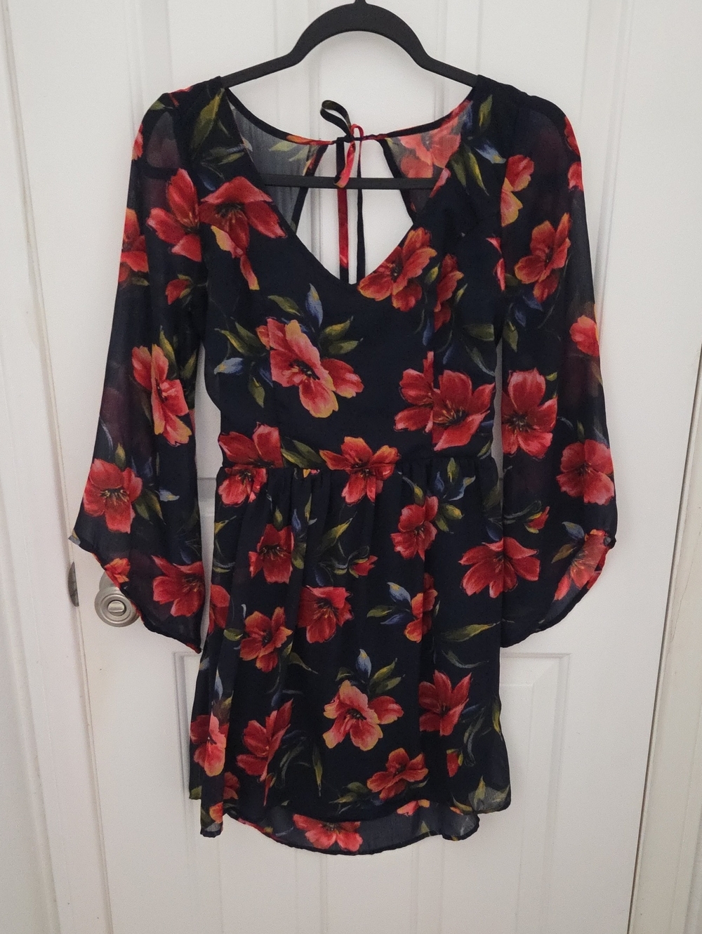 Hollister Black Long-Sleeve V-Neck Dress with Red Floral Print
